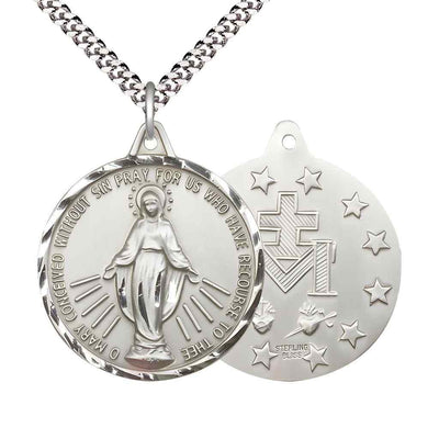 Large Miraculous Medal Sterling Silver Round Pendant Necklace with Rhodium-plated Chain, Measures 1 3/8-inch tall by 1 1/8-inch wide.