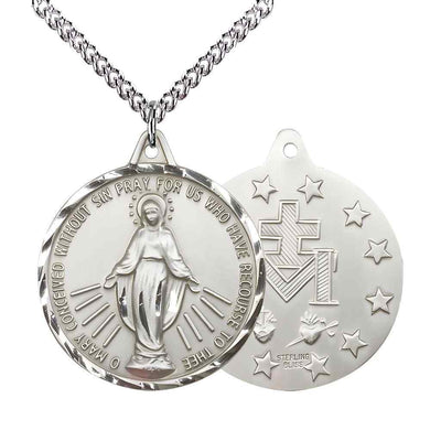 Large Miraculous Medal Sterling Silver Round Pendant Necklace with sterling Silver Chain, Measures 1 3/8-inch tall by 1 1/8-inch wide.
