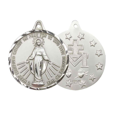 Large Miraculous Medal Sterling Silver Round Pendant and Measures 1 3/8-inch tall by 1 1/8-inch wide.