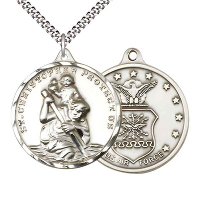 Large St. Christopher | Air Force Pewter Round Pendant Necklace with Rhodium-plated Chain, Measures 1 3/8-inch tall by 1 1/8-inch wide.