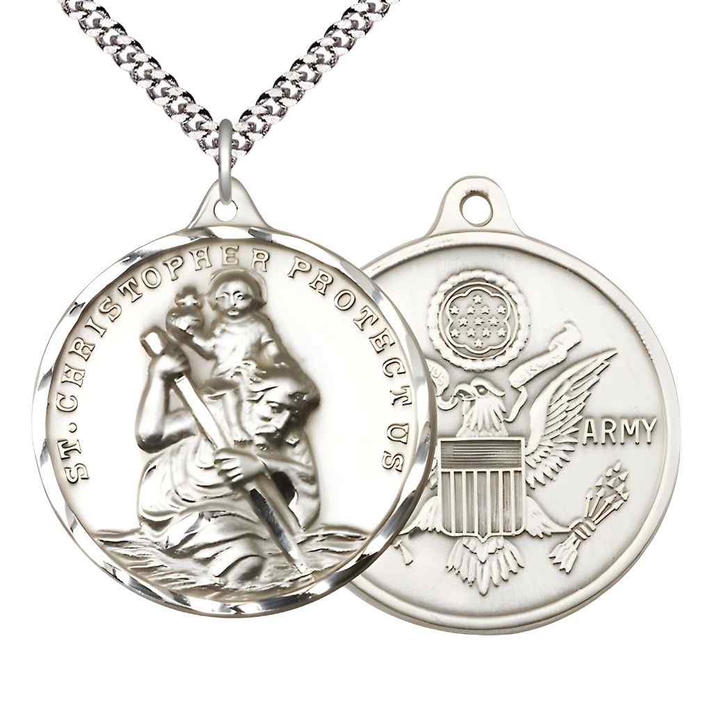Large St. Christopher | Army Pewter Round Pendant Necklace with Rhodium-plated Chain, Measures 1 3/8-inch tall by 1 1/8-inch wide.