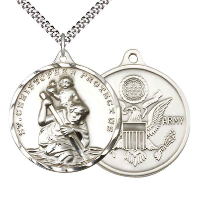 Large St. Christopher | Army Pewter Round Pendant Necklace with Rhodium-plated Chain, Measures 1 3/8-inch tall by 1 1/8-inch wide.