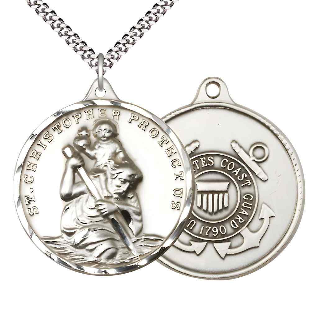 Large St. Christopher | Coast Guard Pewter Round Pendant Necklace with Rhodium-plated Chain, Measures 1 3/8-inch tall by 1 1/8-inch wide.