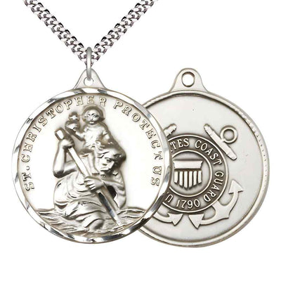 Large St. Christopher | Coast Guard Pewter Round Pendant Necklace with Rhodium-plated Chain, Measures 1 3/8-inch tall by 1 1/8-inch wide.