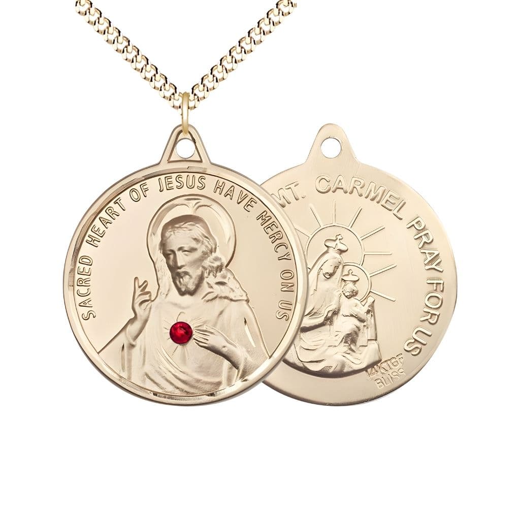 Bliss Red Crystal Sacred Heart of Jesus Scapular with Our Lady of Mount Carmel 14kt Gold-filled Round Medal with 14kt Gold-plated Chain, Measures 1 3/8-inch tall by 1 1/4-inch wide, gift box.