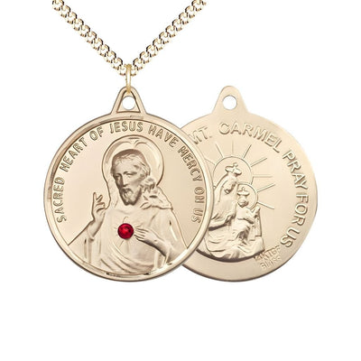 Red Crystal Sacred Heart of Jesus Scapular with Our Lady of Mount Carmel 14kt Gold-filled Round Medal, Measures 1 3/8-inch tall by 1 1/4-inch wide, gift box, Bliss Manufacturing