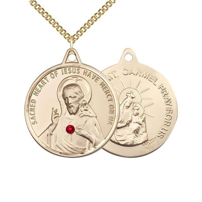 Red Crystal Sacred Heart of Jesus Scapular with Our Lady of Mount Carmel 14kt Gold-filled Round Medal, Measures 1 3/8-inch tall by 1 1/4-inch wide, gift box, Bliss Manufacturing