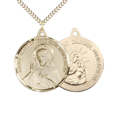 Sacred Heart of Jesus Scapular with Our Lady of Mount Carmel 14kt Gold-filled Round Medal with Gold-plated Chain, Measures 1 3/8-inch tall by 1 1/4-inch wide, gift box, Bliss Manufacturing