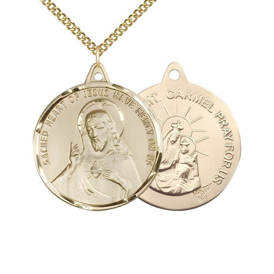 Sacred Heart of Jesus Scapular with Our Lady of Mount Carmel 14kt Gold-filled Round Medal with Gold-filled Chain, Measures 1 3/8-inch tall by 1 1/4-inch wide, gift box, Bliss Manufacturing
