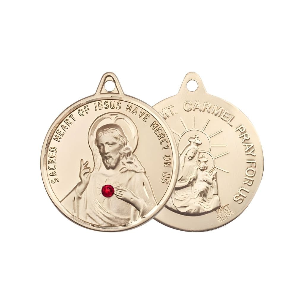 Bliss Red Crystal Sacred Heart of Jesus Scapular with Our Lady of Mount Carmel 14kt Gold Round Medal, Measures 1 3/8-inch tall by 1 1/4-inch wide, gift box.
