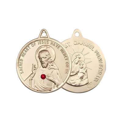 Red Crystal Sacred Heart of Jesus Scapular with Our Lady of Mount Carmel 14kt Gold Round Medal, Measures 1 3/8-inch tall by 1 1/4-inch wide, gift box, Bliss Manufacturing