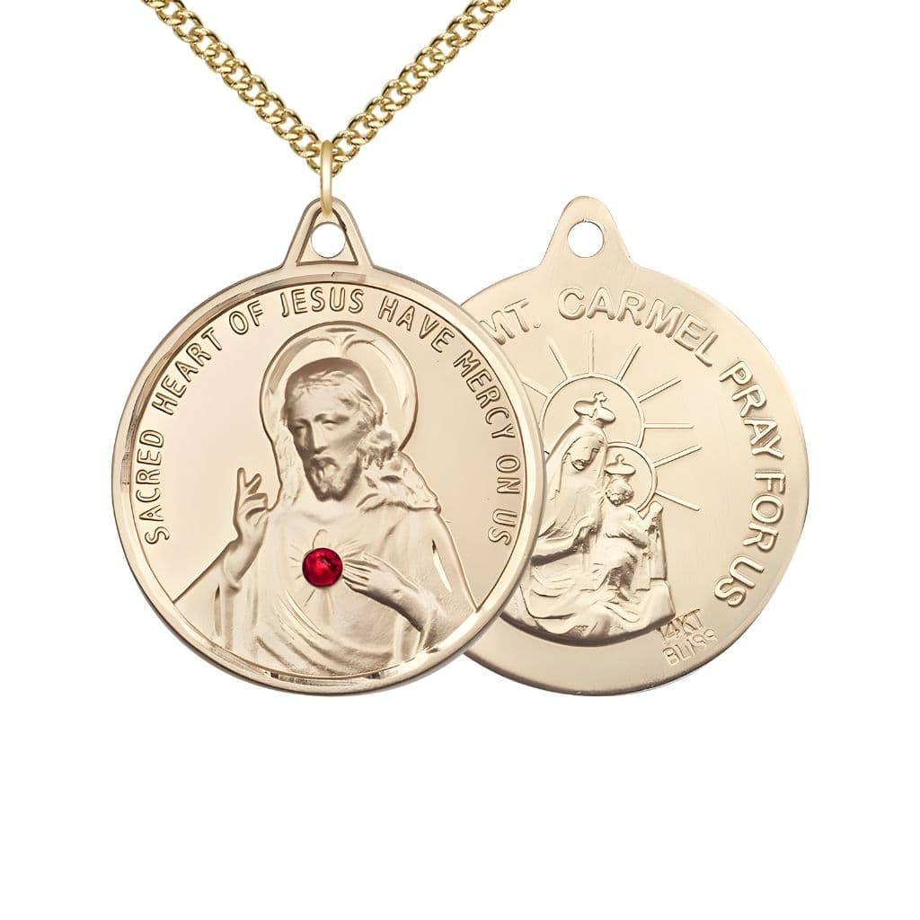 Bliss Red Crystal Sacred Heart of Jesus Scapular with Our Lady of Mount Carmel 14kt Gold Round Medal with 14kt Gold Chain, Measures 1 3/8-inch tall by 1 1/4-inch wide, gift box.
