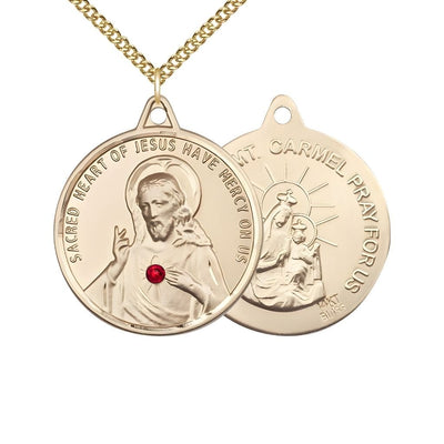 Red Crystal Sacred Heart of Jesus Scapular with Our Lady of Mount Carmel 14kt Gold Round Medal with 14kt Gold Chain, Measures 1 3/8-inch tall by 1 1/4-inch wide, gift box, Bliss Manufacturing