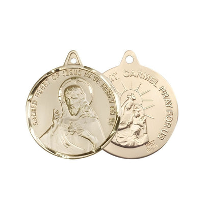 Sacred Heart of Jesus Scapular with Our Lady of Mount Carmel 14kt Gold Round Medal, Measures 1 3/8-inch tall by 1 1/4-inch wide, gift box, Bliss Manufacturing