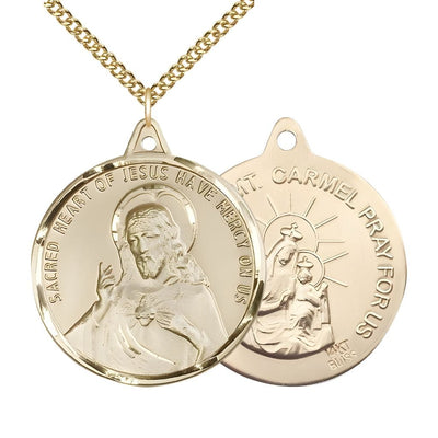 Sacred Heart of Jesus Scapular with Our Lady of Mount Carmel 14kt Gold Round Medal with 14kt Gold Chain, Measures 1 3/8-inch tall by 1 1/4-inch wide, gift box, Bliss Manufacturing