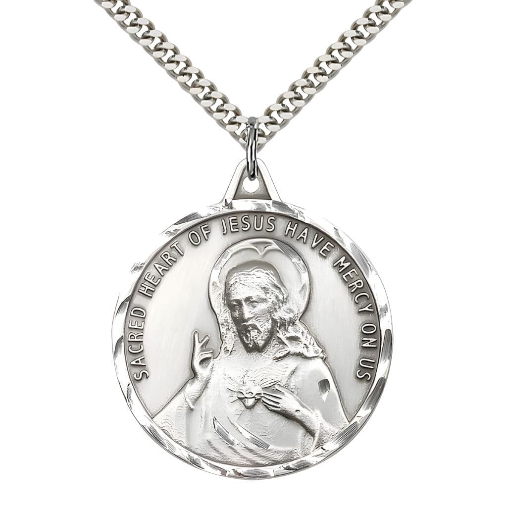 Bliss Sacred Heart of Jesus Scapular with Our Lady of Mount Carmel  Pewter Round Medal with Rhodium-plated Chain, Measures 1 3/8-inch tall by 1 1/4-inch wide, gift box.