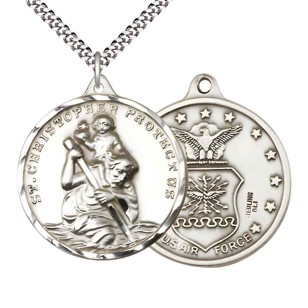Large St. Christopher | Air Force Sterling Silver Round Pendant Necklace with Rhodium-plated Chain, Measures 1 3/8-inch tall by 1 1/8-inch wide.