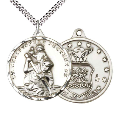 Large St. Christopher | Air Force Sterling Silver Round Pendant Necklace with Rhodium-plated Chain, Measures 1 3/8-inch tall by 1 1/8-inch wide.