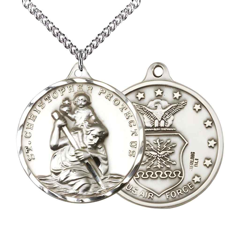 Large St. Christopher | Air Force Sterling Silver Round Pendant Necklace with sterling Silver Chain, Measures 1 3/8-inch tall by 1 1/8-inch wide.