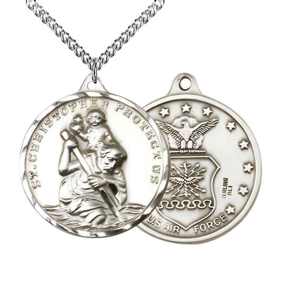 Large St. Christopher | Air Force Sterling Silver Round Pendant Necklace with sterling Silver Chain, Measures 1 3/8-inch tall by 1 1/8-inch wide.