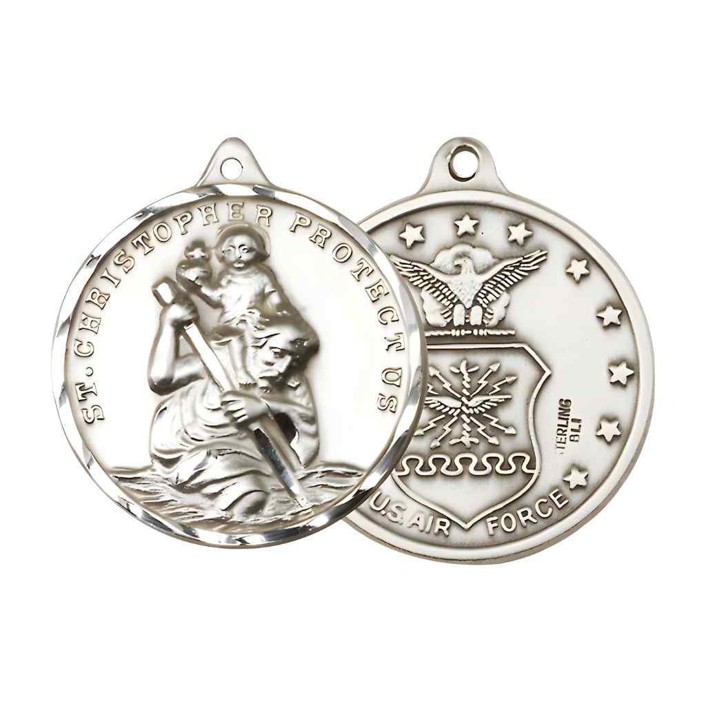 Large St. Christopher | Air Force Sterling Silver Round Pendant and Measures 1 3/8-inch tall by 1 1/8-inch wide.