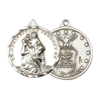 Large St. Christopher | Air Force Sterling Silver Round Pendant and Measures 1 3/8-inch tall by 1 1/8-inch wide.