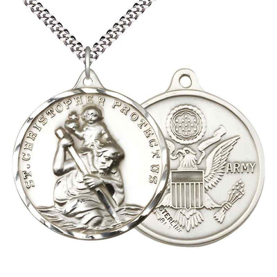 Large St. Christopher | Army Sterling Silver Round Pendant Necklace with Rhodium-plated Chain, Measures 1 3/8-inch tall by 1 1/8-inch wide.