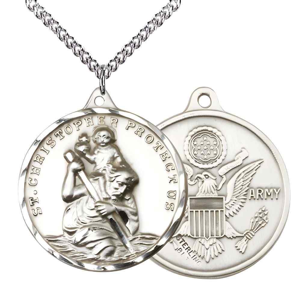 Large St. Christopher | Army Sterling Silver Round Pendant Necklace with sterling Silver Chain, Measures 1 3/8-inch tall by 1 1/8-inch wide.