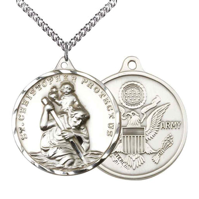 Large St. Christopher | Army Sterling Silver Round Pendant Necklace with sterling Silver Chain, Measures 1 3/8-inch tall by 1 1/8-inch wide.