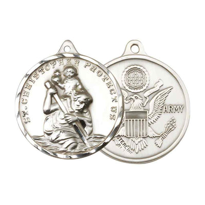 Large St. Christopher | Army Sterling Silver Round Pendant and Measures 1 3/8-inch tall by 1 1/8-inch wide.
