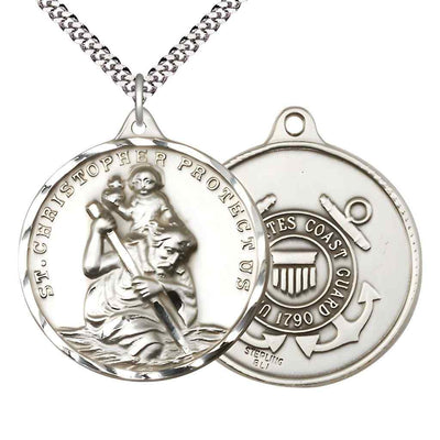 Large St. Christopher | Coast Guard Sterling Silver Round Pendant Necklace with Rhodium-plated Chain, Measures 1 3/8-inch tall by 1 1/8-inch wide.