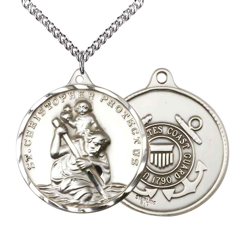 Large St. Christopher | Coast Guard Sterling Silver Round Pendant Necklace with sterling Silver Chain, Measures 1 3/8-inch tall by 1 1/8-inch wide.