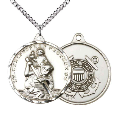 Large St. Christopher | Coast Guard Sterling Silver Round Pendant Necklace with sterling Silver Chain, Measures 1 3/8-inch tall by 1 1/8-inch wide.