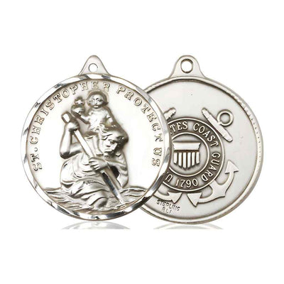 Large St. Christopher | Coast Guard Sterling Silver Round Pendant and Measures 1 3/8-inch tall by 1 1/8-inch wide.