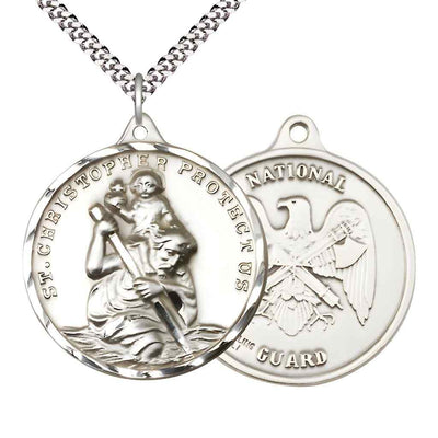 Large St. Christopher | National Guard Sterling Silver Round Pendant Necklace with Rhodium-plated Chain, Measures 1 3/8-inch tall by 1 1/8-inch wide.