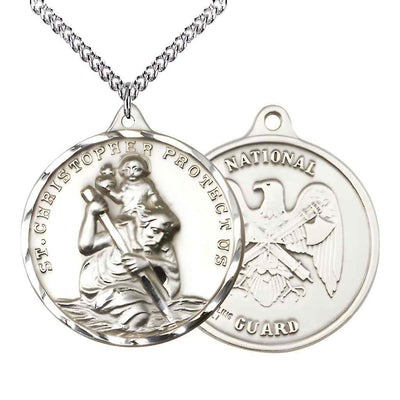 Large St. Christopher | National Guard Sterling Silver Round Pendant Necklace with sterling Silver Chain, Measures 1 3/8-inch tall by 1 1/8-inch wide.