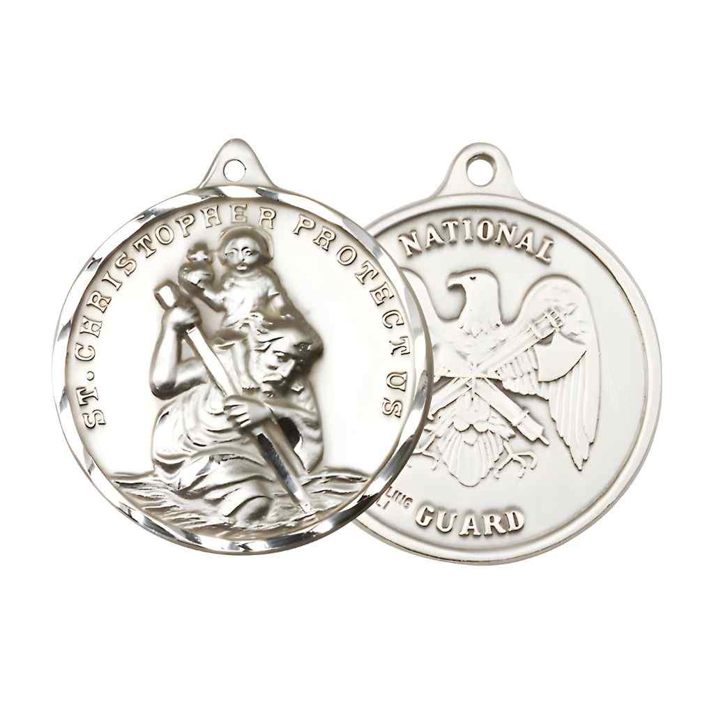 Large St. Christopher | National Guard Sterling Silver Round Pendant and Measures 1 3/8-inch tall by 1 1/8-inch wide.