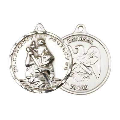 Large St. Christopher | National Guard Sterling Silver Round Pendant and Measures 1 3/8-inch tall by 1 1/8-inch wide.