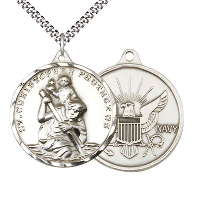 Large St. Christopher | Navy Sterling Silver Round Pendant Necklace with Rhodium-plated Chain, Measures 1 3/8-inch tall by 1 1/8-inch wide.
