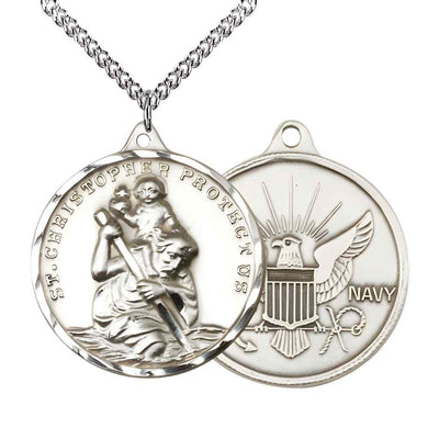 Large St. Christopher | Navy Sterling Silver Round Pendant Necklace with sterling Silver Chain, Measures 1 3/8-inch tall by 1 1/8-inch wide.