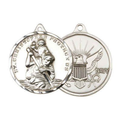 Large St. Christopher | Navy Sterling Silver Round Pendant and Measures 1 3/8-inch tall by 1 1/8-inch wide.
