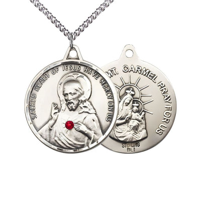 Red Crystal Sacred Heart of Jesus Scapular with Our Lady of Mount Carmel Sterling Silver Round Medal with Sterling Chain, Measures 1 3/8-inch tall by 1 1/4-inch wide, gift box, Bliss Manufacturing