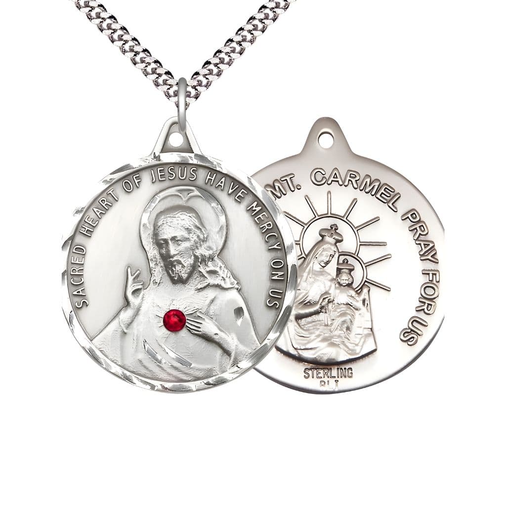 Bliss Red Crystal Sacred Heart of Jesus Scapular with Our Lady of Mount Carmel Sterling Silver Round Medal with Rhodium-plated Chain, Measures 1 3/8-inch tall by 1 1/4-inch wide, gift box.