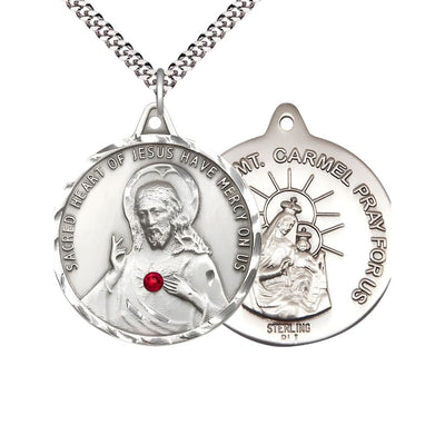 Red Crystal Sacred Heart of Jesus Scapular with Our Lady of Mount Carmel Sterling Silver Round Medal with Rhodium-plated Chain, Measures 1 3/8-inch tall by 1 1/4-inch wide, gift, Bliss Manufacturing