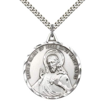 Sacred Heart of Jesus Scapular with Our Lady of Mount Carmel Sterling Silver Round Medal with Rhodium Chain, Measures 1 3/8-inch tall by 1 1/4-inch wide, gift box, Bliss Manufacturing