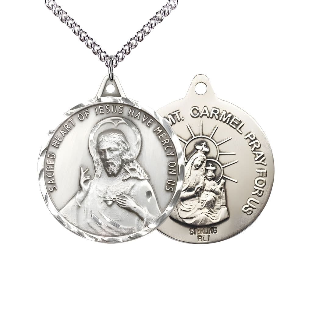 Bliss Sacred Heart of Jesus Scapular with Our Lady of Mount Carmel  Sterling Silver Round Medal with Sterling Silver Chain, Measures 1 3/8-inch tall by 1 1/4-inch wide, gift box.