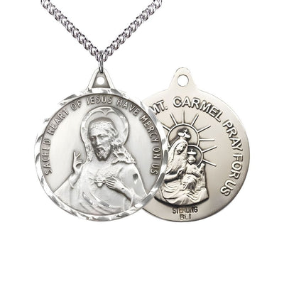 Sacred Heart of Jesus Scapular with Our Lady of Mount Carmel Sterling Silver Round Medal with Sterling Silver Chain, Measures 1 3/8-inch tall by 1 1/4-inch wide, gift box, Bliss Manufacturing