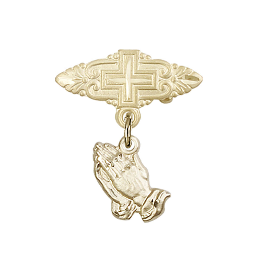 Gold Filled Bliss Mfg Baby Bar Pin w/Praying Hands Charm and Badge with Cross,