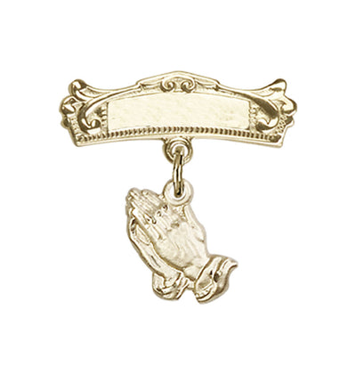 Gold Filled Baby Praying Hands Charm w/Engravable Arched Polished Badge Pin, Bliss Manufacturing