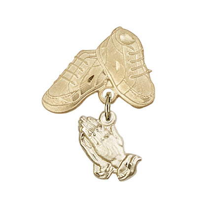 Gold Filled Mfg Baby Bar Pin w/Praying Hands Charm and Baby Boots, Bliss Manufacturing